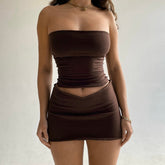 Elegant Strapless Solid Crop Top and Skirt 2 Piece Set